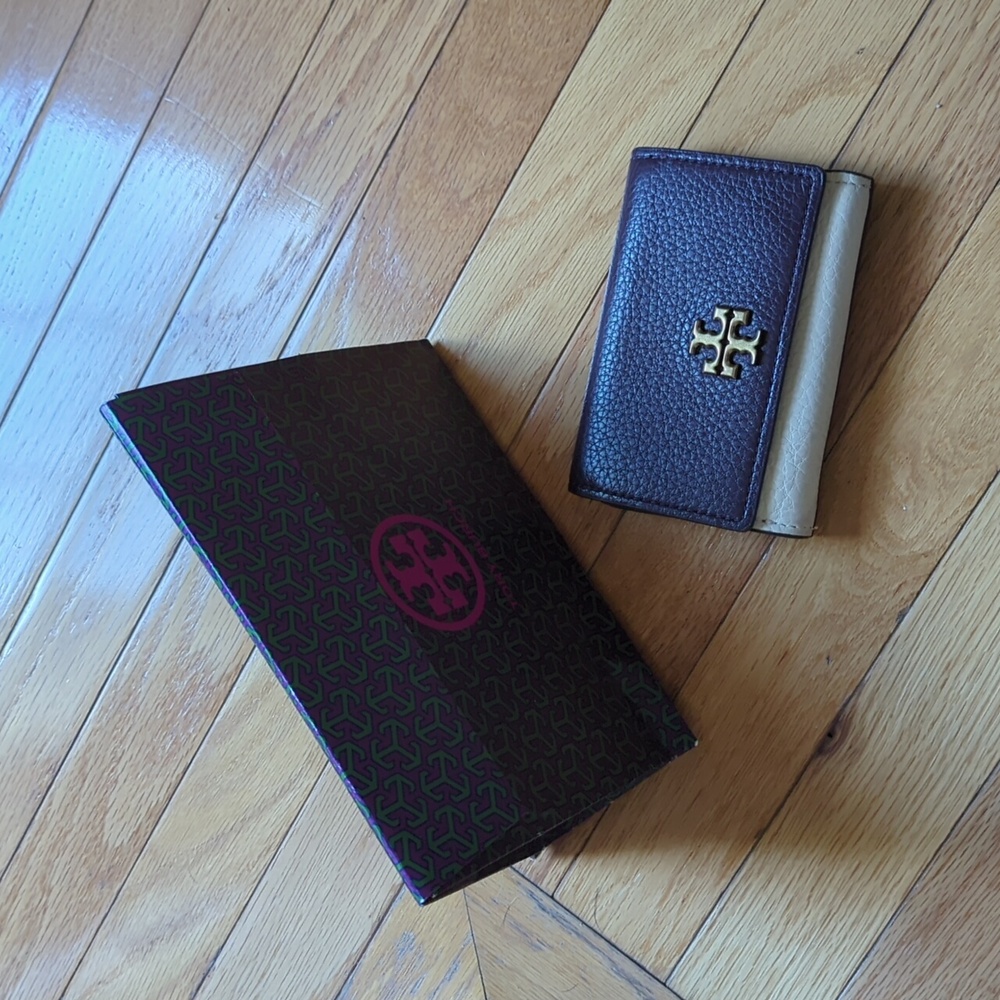 Tory Burch Brown and Cream Leather Wallet with Gold Logo Emblem